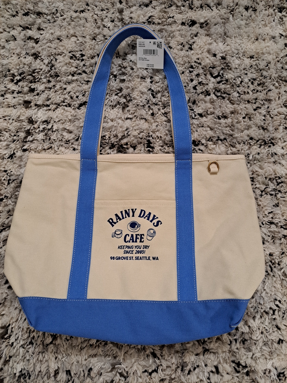 American Eagle Outfitters Cream & Blue Rainy Days Cafe Canvas Tote